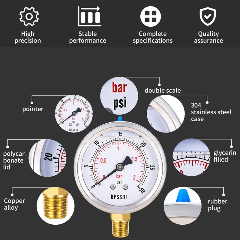 BPSSDI 0-30 Psi Glycerin Liquid Filled Low Pressure Gauge, 2.5" Dial Size, 1/4" NPT Lower Mount, 304 Stainless Steel Case, for Water Pipe, HVAC, Water Oil Air Pressure Test - Image 3